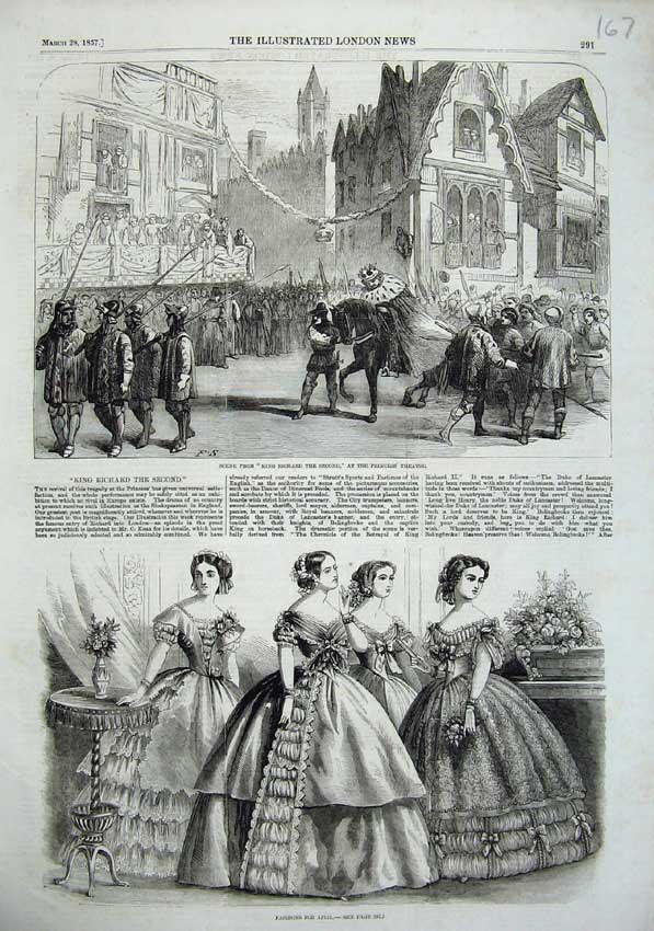Old Antique Print Womens Fashion Dress 1857 King Richard Princess Theatre 19th