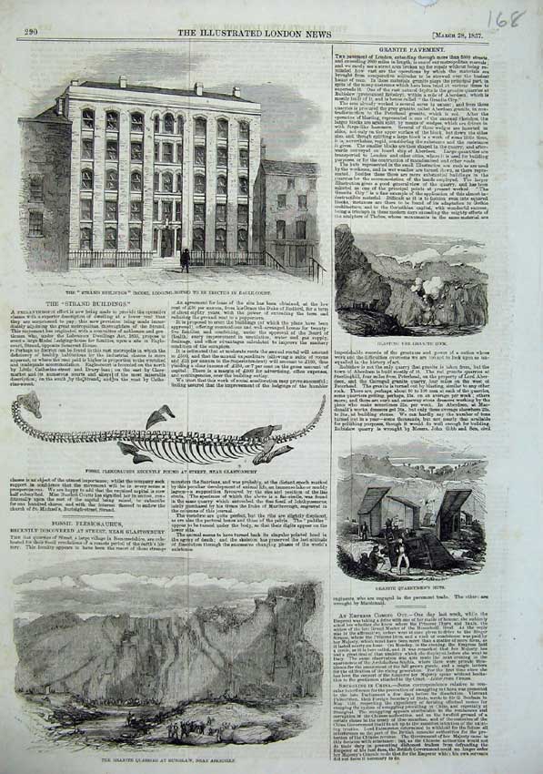 Old Antique Print Granite Quarries Aberdeen 1857 Strand Buildings Fossil 19th