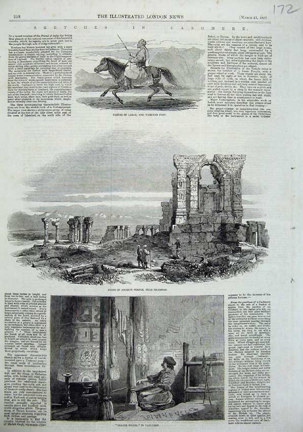 Old Antique Print Cashmere 1857 Tartar Ladak Pony Ruins Temple Prayer Art 19th