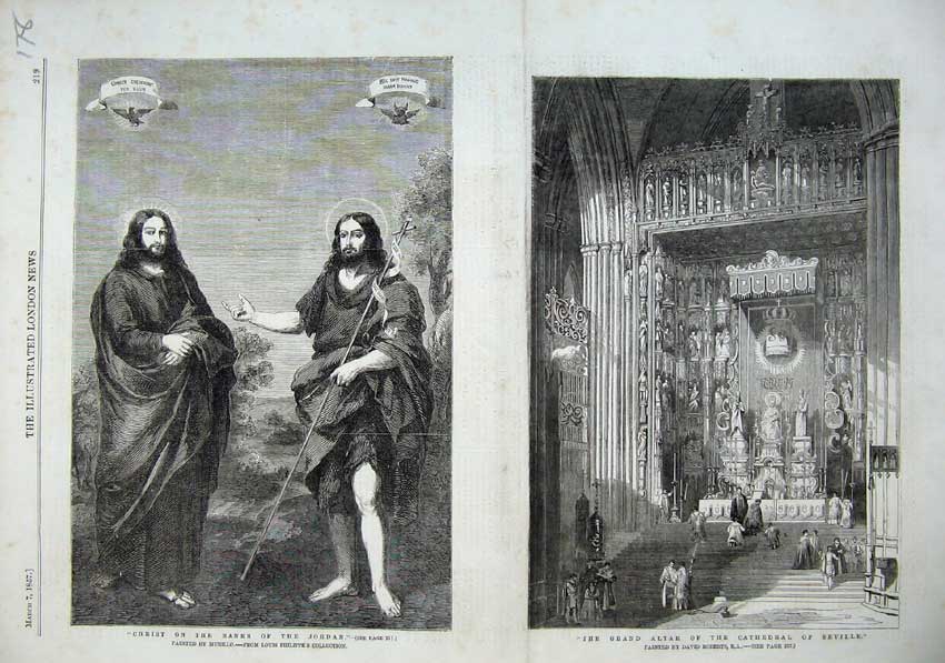 Old Antique Print 1857 Jesus Christ River Jordan Altar Cathedral Seville 19th