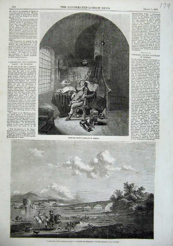 Old Antique Print 1857 Gerhard Douw'S Portrait Hunting Hawking Bridge Art 19th
