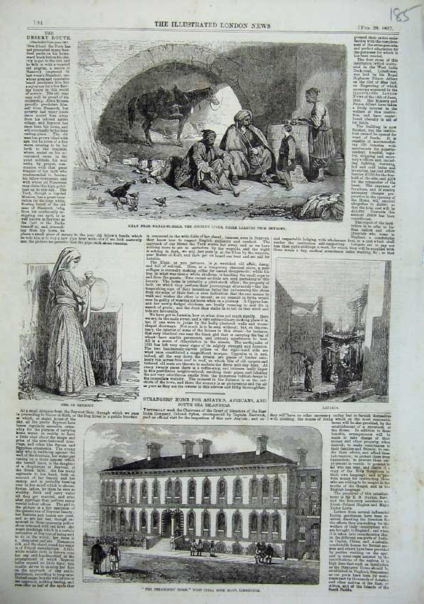 Old Antique Print 1857 Home Dock Road Limehouse Latakia Girl Beyrout Khan 19th