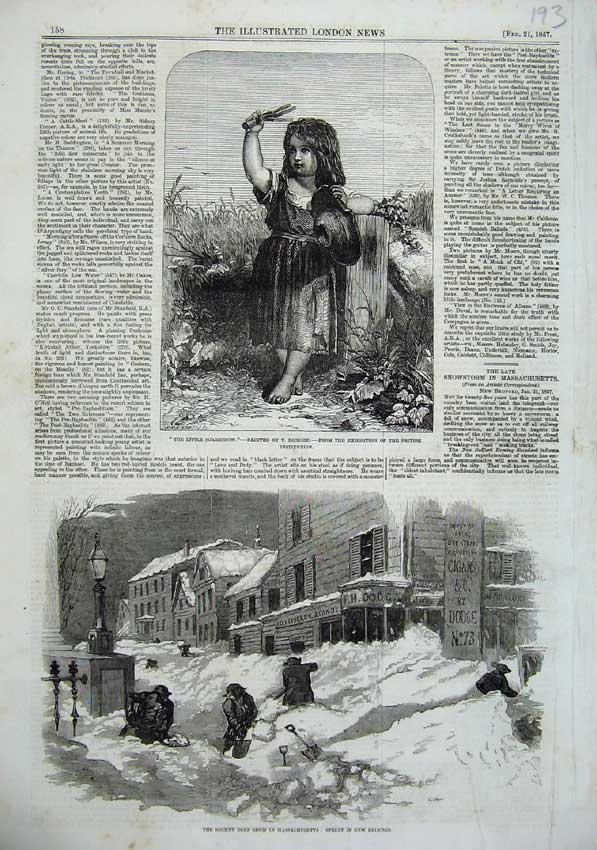 Old Antique Print 1857 Little Girl Scarecrow Dicksee Snow Massachusetts 19th