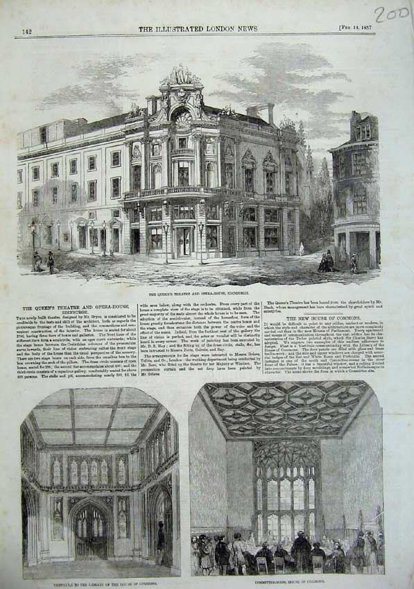 Old Antique Print 1857 Queen'S Theatre Opera House Edinburgh Commons Art 19th