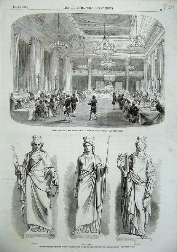 Original Old Antique Print 1857 Banquet Knights Patrick Dublin Castle Edinburgh