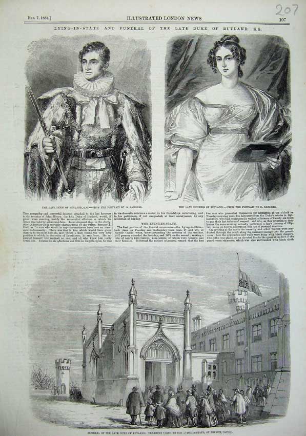 Old Antique Print 1857 Duke Duchess Rutland Funeral Late Belvoir Castle 19th