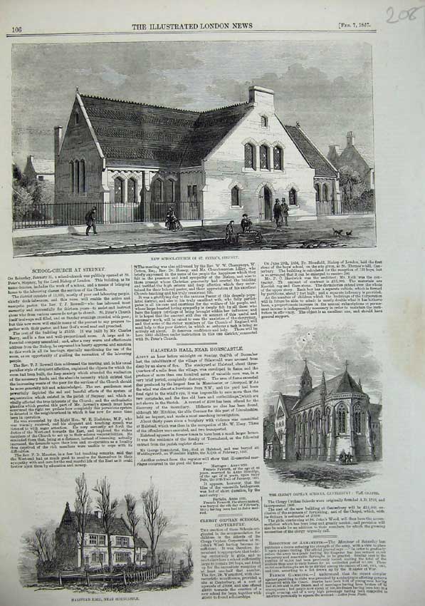 Old Antique Print 1857 School Church Peter'S Stepney Orphan Halstead Hall 19th