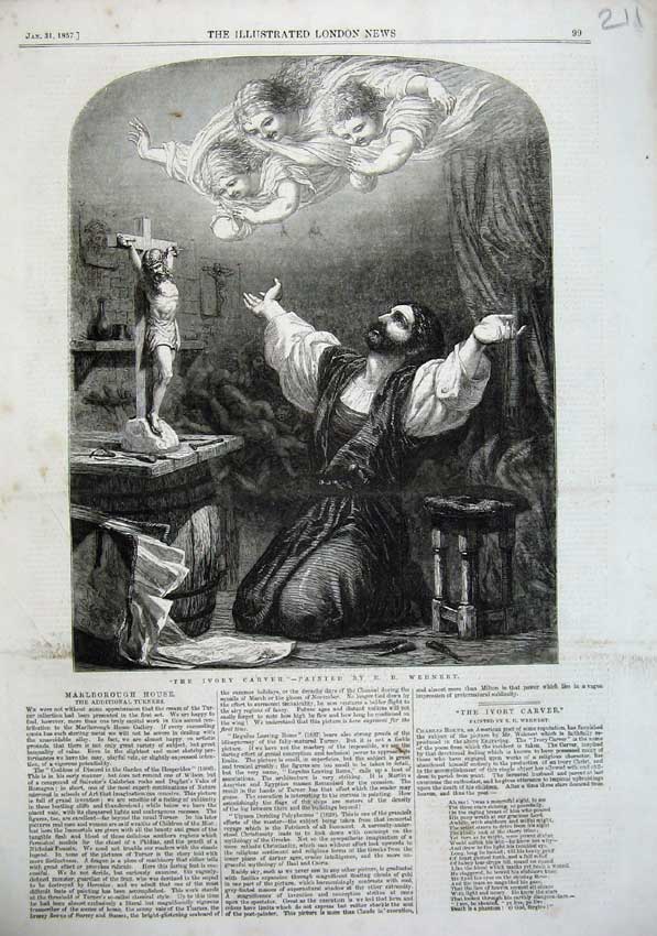 Original Old Antique Print 1857 Ivory Carver Wehnert Man Praying Charles Boker