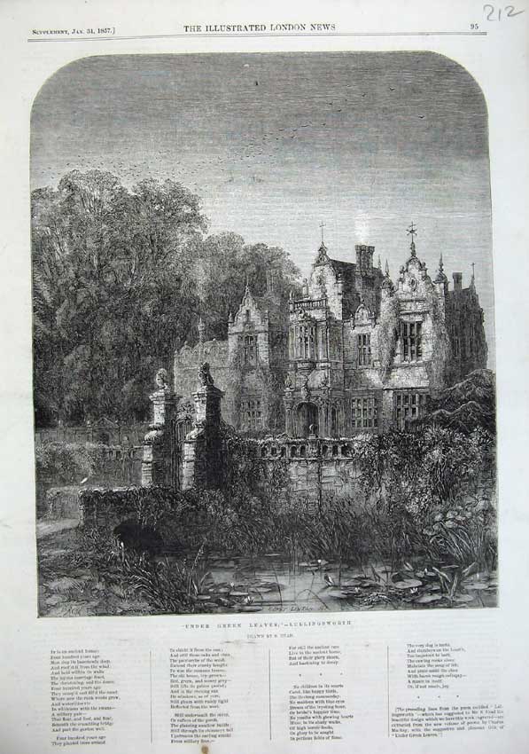 Old Antique Print 1857 Architecture Mansion House Lullingsworth Fine Art 19th