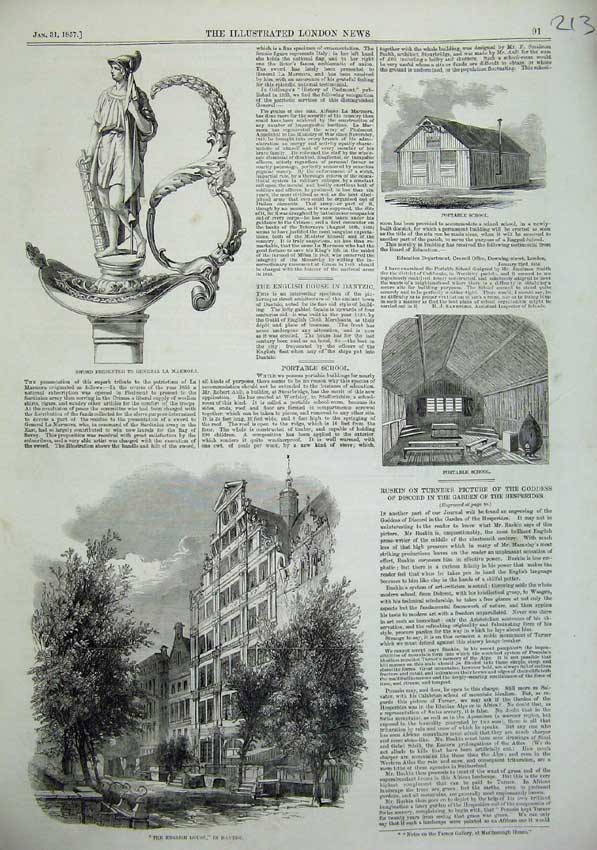 Old Antique Print 1857 Sword General Marmora Dantzic English House School 19th