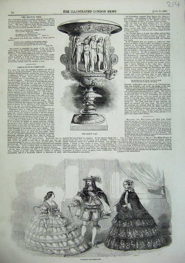 Original Old Antique Print Paris Women Men Fashion 1857 Milton Vase Sculpture