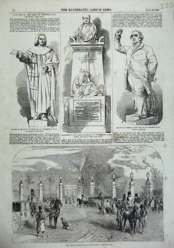 Old Antique Print 1857 Buckingham Gate James Park Statue Chatham Fox Men 19th