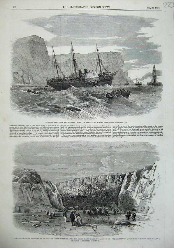 Original Old Antique Print 1857 India Mail Steamer Ship Tyne Holyhead Mountains