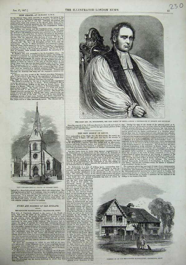 Old Antique Print 1857 Rev. Bickersteth Bishop Ripon Chapel Hobart Kent 19th