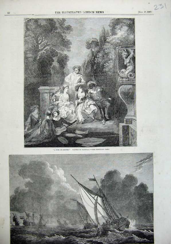 Old Antique Print 1857 Fete Champetre Stormy Weather Texel Ships Fine Art 19th