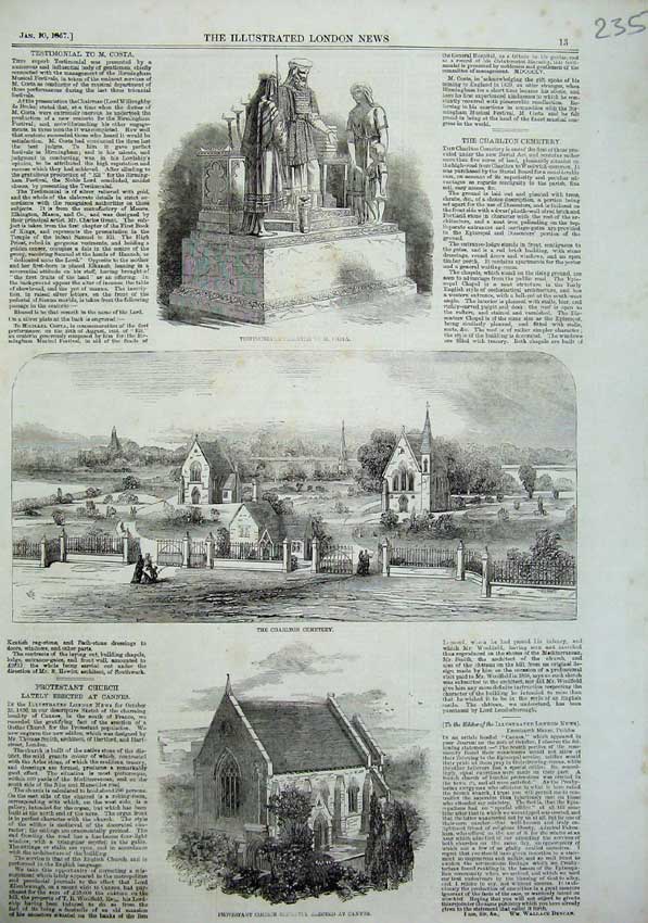 Old Antique Print 1857 Church Cannes Charleton Cemetery Testimonial Costa 19th