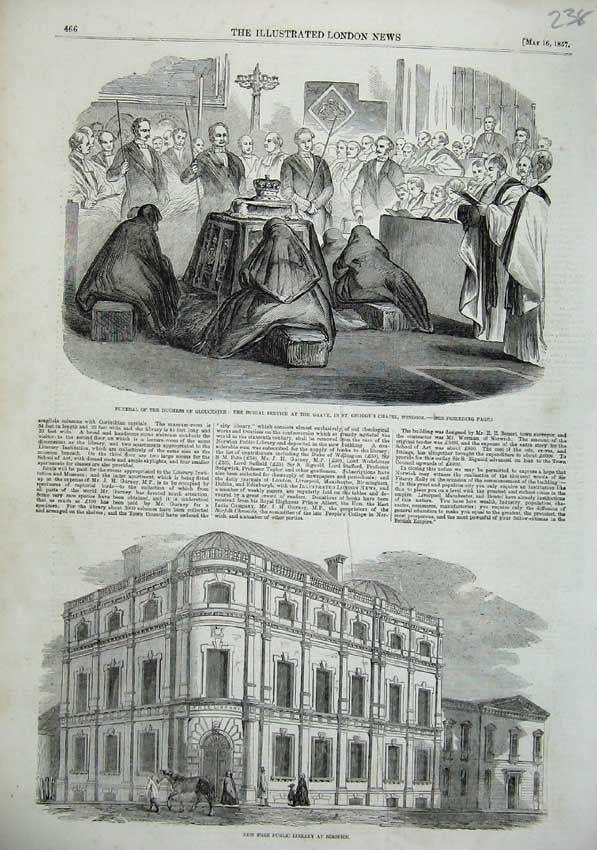 Old Antique Print 1857 Library Norwich Funeral Duchess Gloucester Windsor 19th