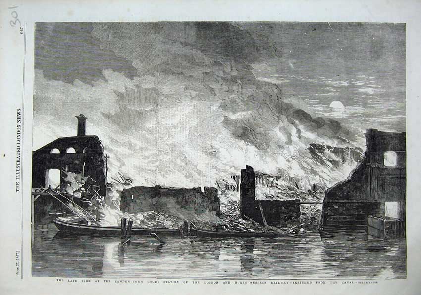 Original Old Antique Print 1857 Fire Camden Town Goods Railway Station Fine Art