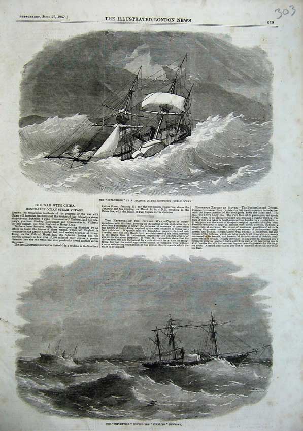 Old Antique Print 1857 Ship Inflexible Indian Ocean Starling Gunboat Sea 19th