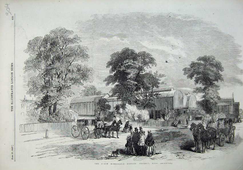 Original Old Antique Print 1857 View South Kensington Museum Horse Coach People