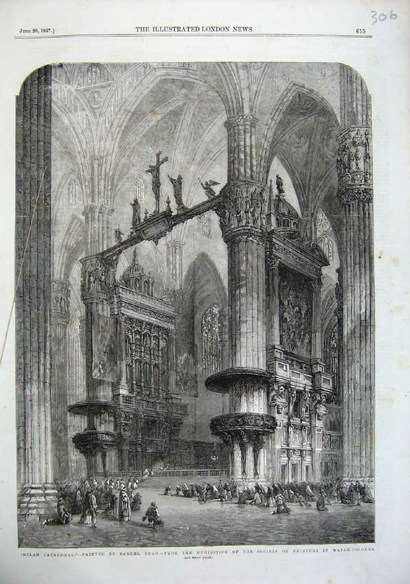Original Old Antique Print 1857 Milan Cathedral Church Architecture Samuel Read