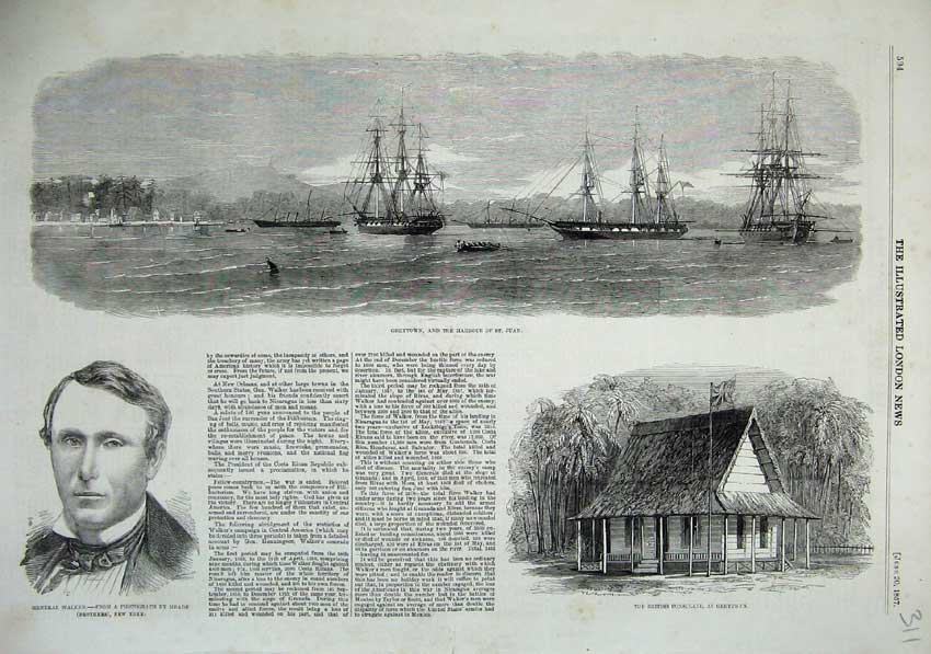 Old Antique Print 1857 Greytown Harbour St Juan Walker British Consulate 19th