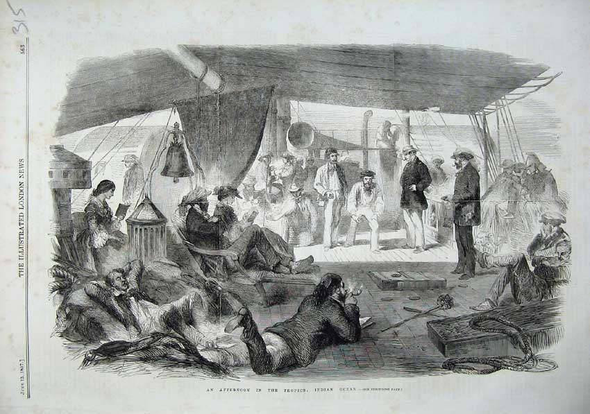 Original Old Antique Print 1857 Indian Ocean Sailing Ship People Relaxing Games