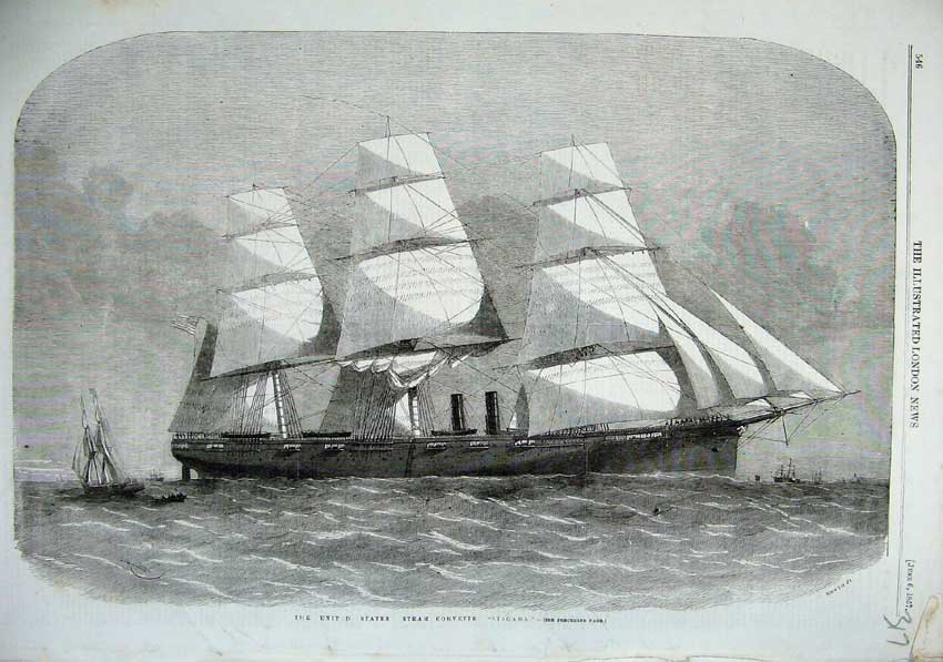 Old Antique Print 1857 United States Steam Corvette Niagara Sailing Ship 19th