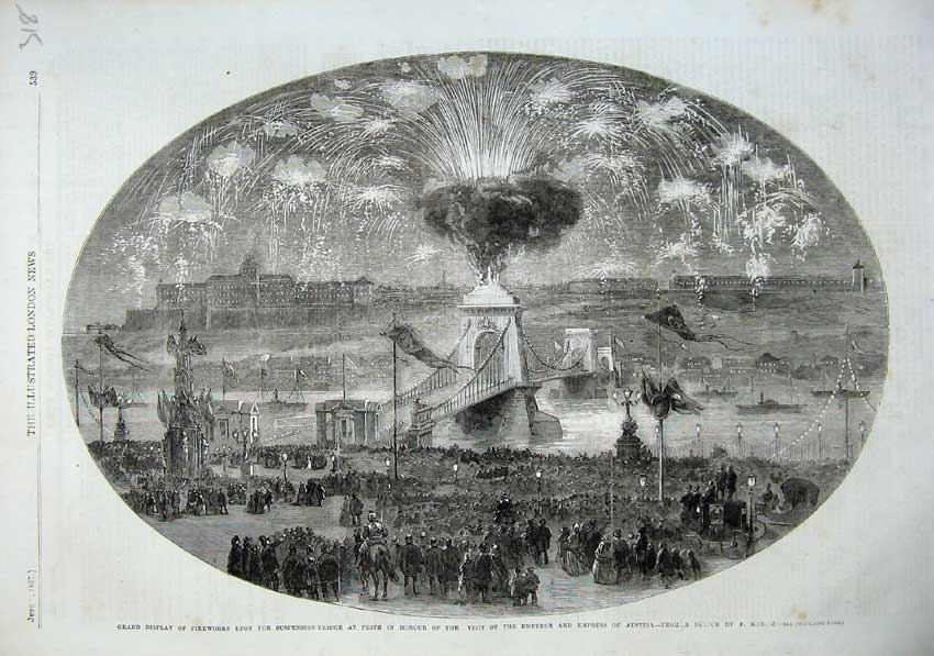 Old Antique Print 1857 Fireworks Display Suspension Bridge Pesth Austria 19th