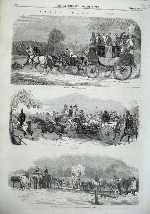 Old Antique Print 1857 Epsom Races Course Paddock Horses Carriage Sport 19th