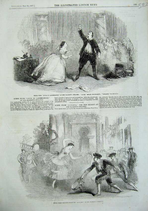Old Antique Print 1857 Majesty Theatre Lucia Lammermoor Ballet Acalista 19th