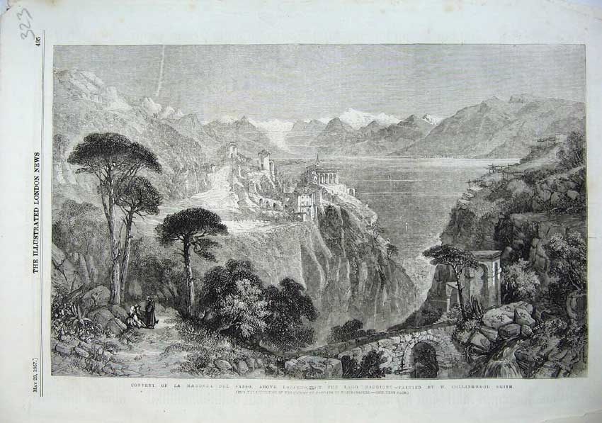 Old Antique Print 1857 Convent La Madonna Sasso Lago Maggiors Mountains 19th