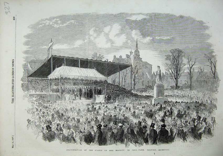 Original Old Antique Print 1857 Inauguration Statue Majesty Queen Peel Salford