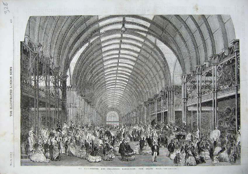 Original Old Antique Print 1857 Grand Hall Art Paintings Manchester Exhibtion