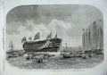 Old Antique Print 1857 Launch Steam Ship War Royal Sovereign Portsmouth 19th
