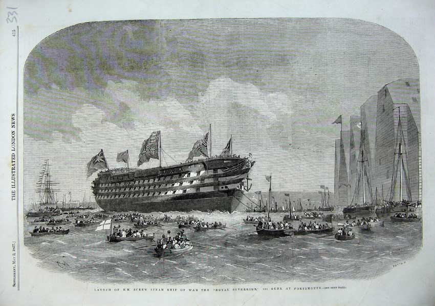 Old Antique Print 1857 Launch Steam Ship War Royal Sovereign Portsmouth 19th