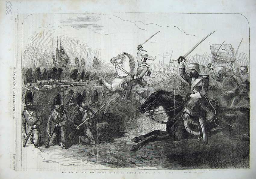 Old Antique Print 1857 Persian War Bombay Cavalry Battle Kooshab Horses 19th