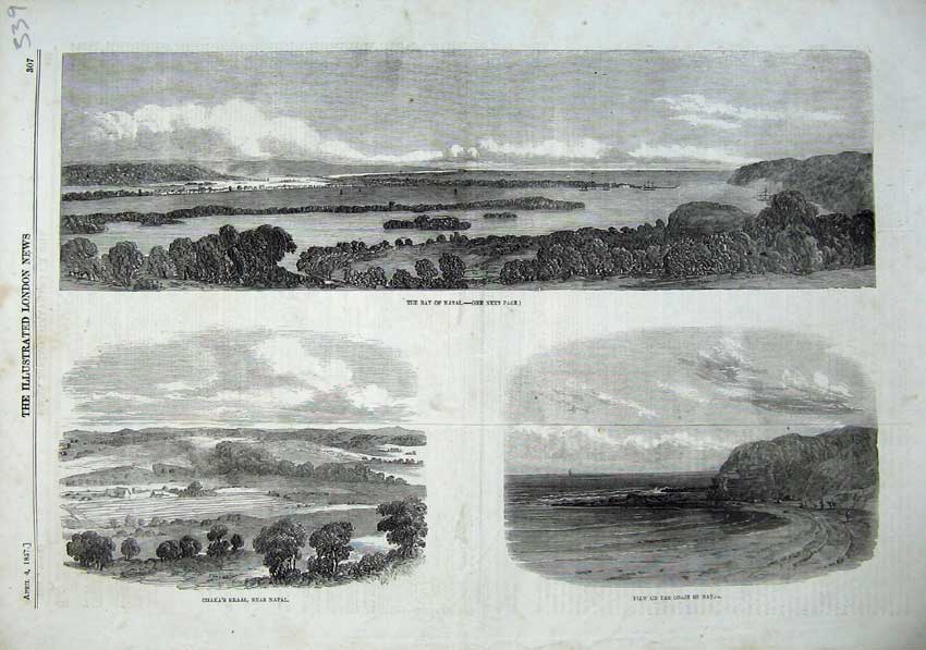 Original Old Antique Print 1857 Bay Natal Chaka'S Kraal View Coast Sea Fine Art