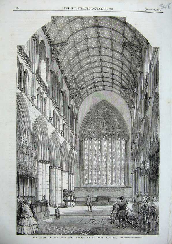 Old Antique Print 1857 Choir Cathedral Church St Mary Carlisle Scotland 19th