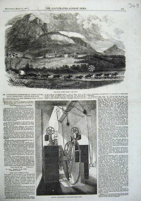 Original Old Antique Print Royal Obervatory Cape Town Africa 1857 Instrument