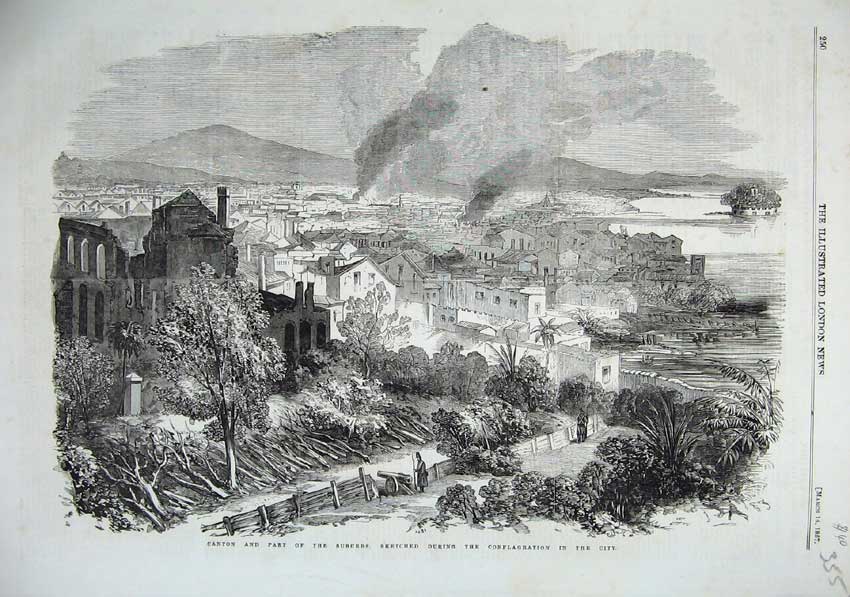 Old Antique Print 1857 View Canton Suburbs Conflagration City Hong Kong 19th