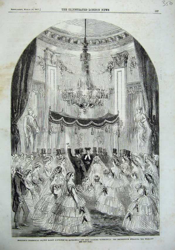 Original Old Antique Print 1857 Marriage Baron Alphonse Rothschild Leonora Art