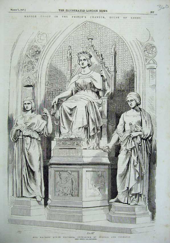 Old Antique Print 1857 Marble Group House Lords Queen Victoria Clemency 19th