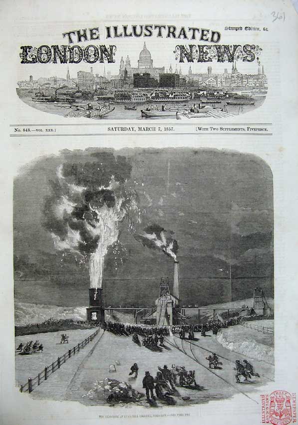 Old Antique Print 1857 Explosion Lund Hill Colliery Barnsley Mining Art 19th