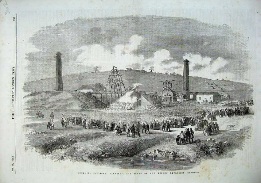 Old Antique Print 1857 Lundhill Colliery Barnsley Scene Explosion Mining 19th