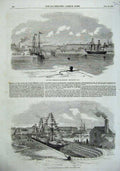 Old Antique Print 1857 Great Western Dock Plymouth Floating Graving Ship 19th