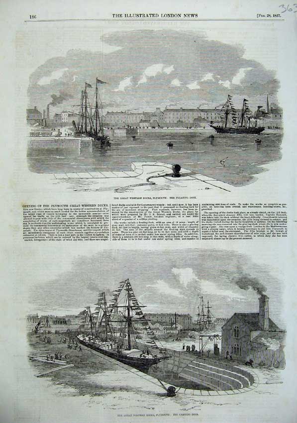 Old Antique Print 1857 Great Western Dock Plymouth Floating Graving Ship 19th