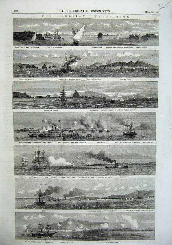 Old Antique Print 1857 Persian Expedition Ships Harbour Bombay Kishni Art 19th