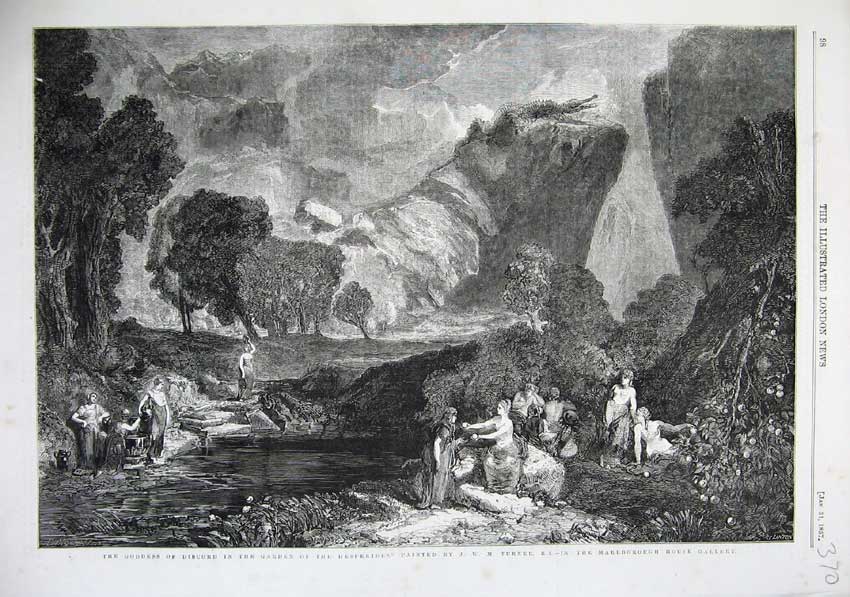 Old Antique Print 1857 Goddess Discord Garden Hesperides Fine Art Turner 19th