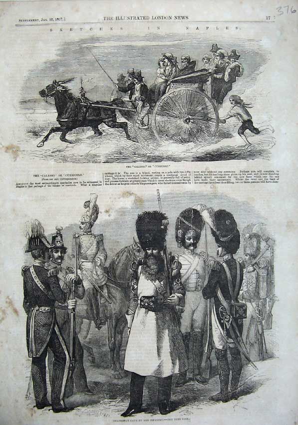 Old Antique Print 1857 Naples Neapolitan Cavalry Infantry Calesso Men Art 19th